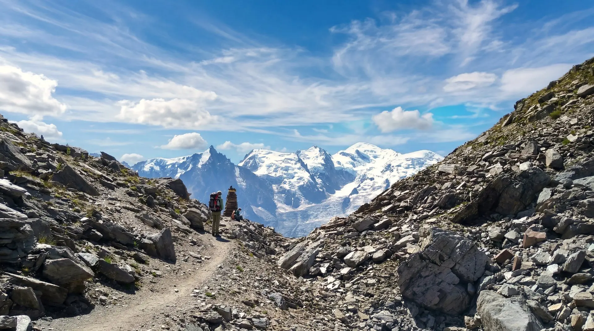 Stien ved Col du Brévent (2 368 m), vandrere foran Mont-Blanc-massivet